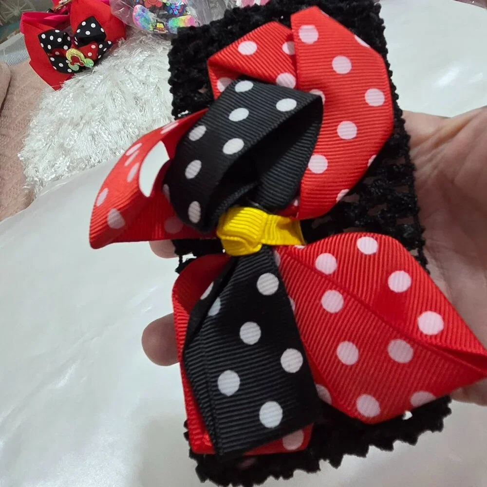 Girls Minnie Style Headbands  Red Black Polka Dot Bows Stretchy